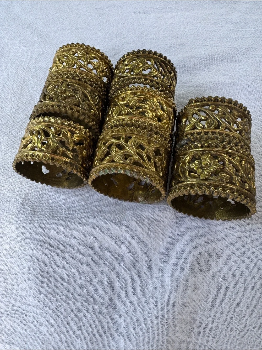 Vintage Gold Tone Filigree Napkin Rings Set of 8 Floral Scroll Metal